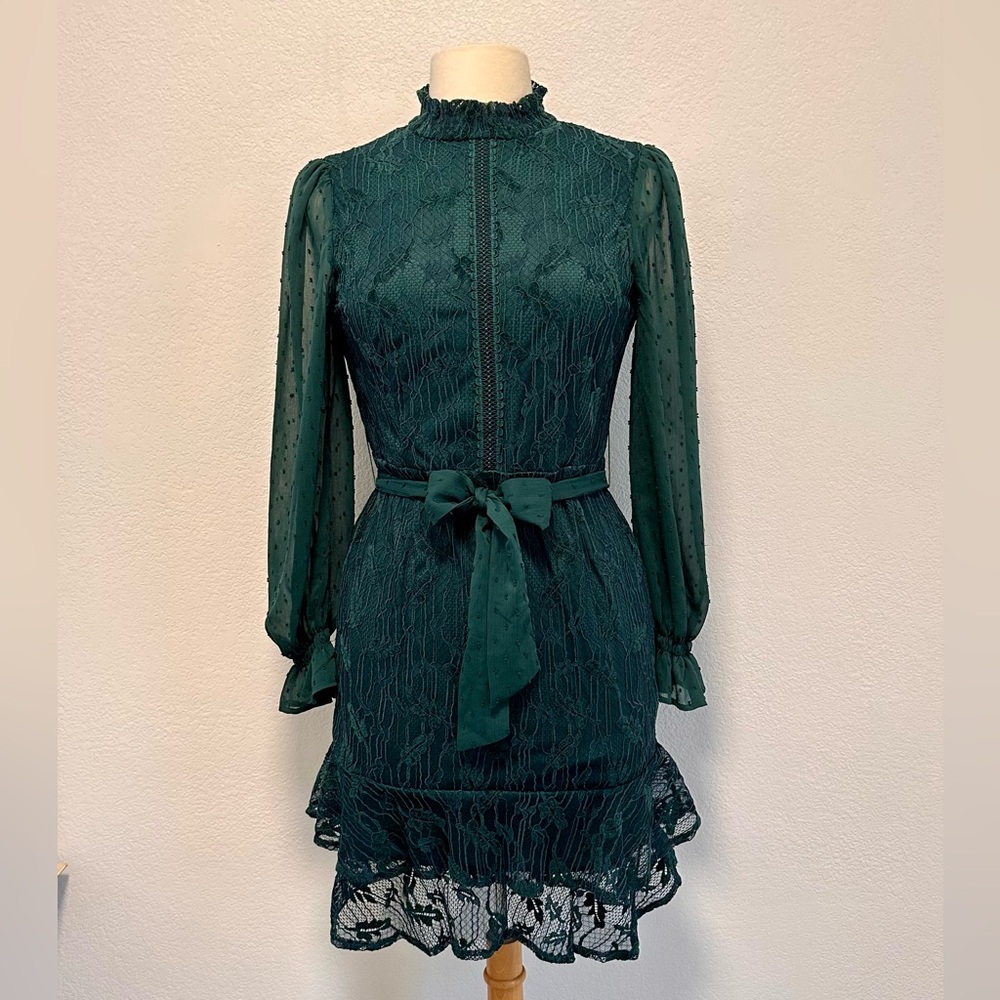 NWT Little Mistress Lace Mini Dress - High Neck, Long Sleeves and Ruffles Size 8